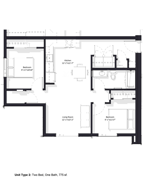Floor plan for 2 beds, 1 bath, 775 sqft